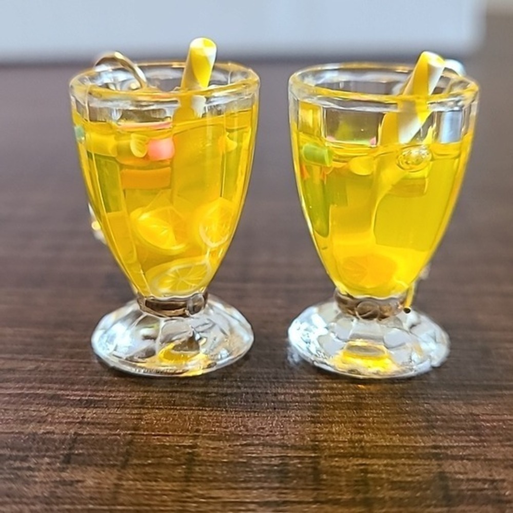 Handmade Yellow Lemonade Glass Drink Earrings Miniature Food Dangle Drops Summer